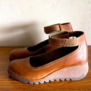 Brown Leather Ankle Strap Wedge Shoes